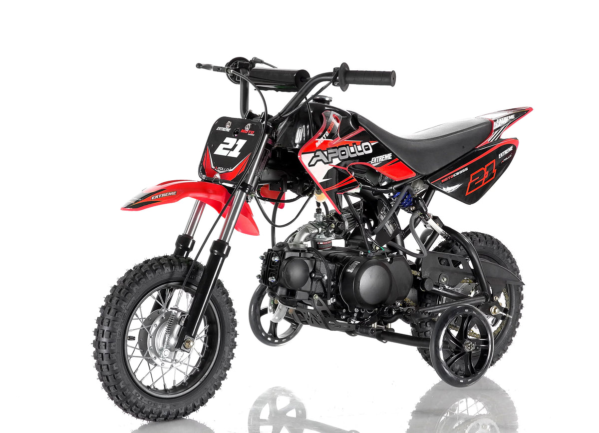 Apollo DB-21 70cc semi-automatic dirt bike front three-quarter view